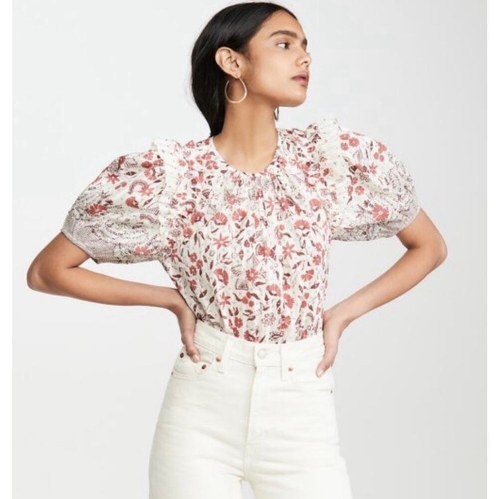 Ulla Johnson Arbor Top Floral Puff Sleeve Blouse in Cream and Burnt Orange Sz 0